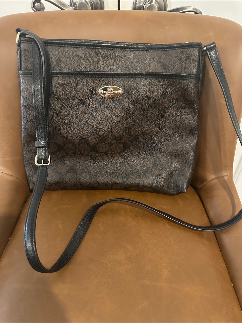 Coach Dark Brown Signature Crossbody with Black Trim